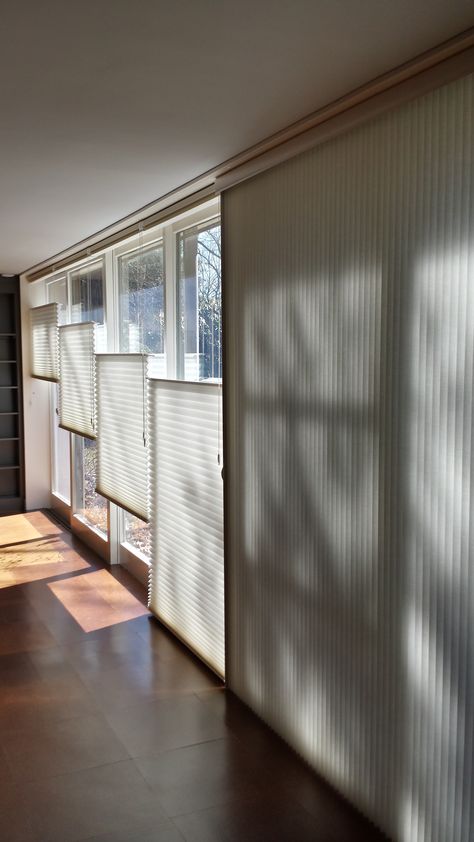 Hunter Douglas Shades Top Down Bottom Up And Vertiglide For Sliding Door. Rustic Wall Colors, Farmhouse Living Room Layout, Ideas For Fireplace, Hunter Douglas Shades, Slider Doors, Reno House, Sliding Door Window, Small Basement Remodeling, Rustic Window Treatments