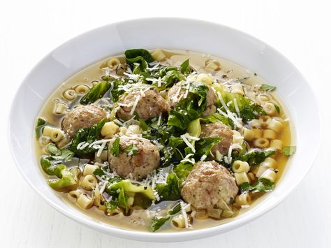 Italian Wedding Soup recipe from Food Network Kitchen via Food Network Beef And Pork Meatballs, Wedding Soup Recipe, Italian Wedding Soup Recipe, Ditalini Pasta, Wedding Soup, Italian Soup, Giada De Laurentiis, Food Network Magazine, Easy Italian