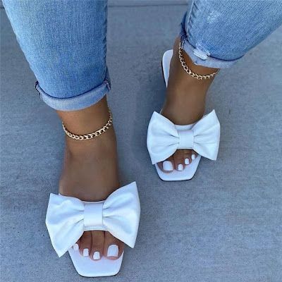 Elegant Flats, White Fashion Casual, Bow Women, Women Slides, Fashion Slippers, Spring 23, Summer Slippers, Flat Slipper, Bow Sandals