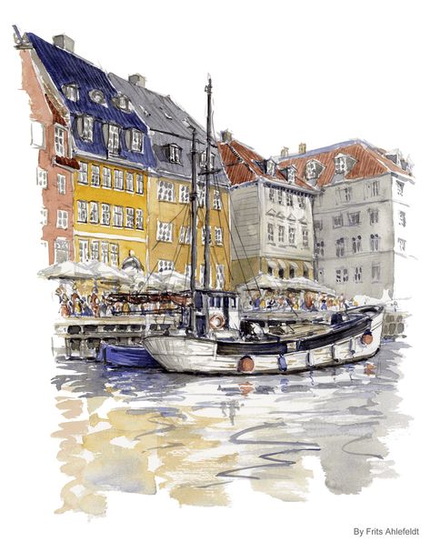 Copenhagen Watercolors – Frits Ahlefeldt – FritsAhlefeldt.com Talking To People, Watercolor Architecture, Summer Scrapbook, House Drawing, Old Church, Copenhagen Denmark, Color Pencil Art, Urban Sketching, Ink Illustrations