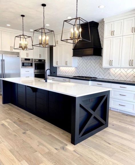 Kitchen With Black Accents Modern, Modern Kitchen With Black Accents, Houses With Black Accents, Black Accent Kitchen Cabinets, White And Black Kitchen With Island, Barndominium Kitchen Black, Island Lighting White Kitchen, Modern Home With Black Accents, Serene Kitchen Ideas