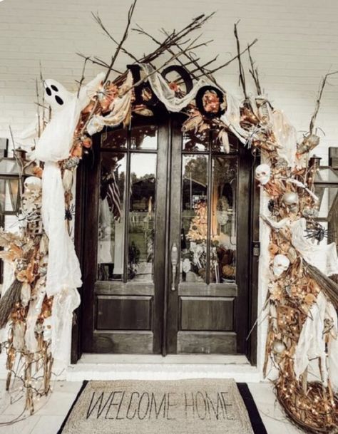 Halloween Door Skeleton, Halloween Double Door Decor, Halloween Party Door Entrance, Skeleton Front Door, Bat Front Door Halloween, Huge Spiders, Front Porch Decor Ideas, Hanging Witch, Halloween Front Porch Decor