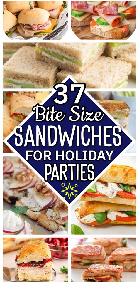 Need some cheap easy party food appetizer ideas for Holiday guests to nibble on? Try these 37 bite size sandwiches for Holiday parties this Thanksgiving, Christmas and New Years! Super simple finger foods - make ahead recipes and last minute ideas for a crowd! Appetizer Recipes Sandwiches, Simple Easy Finger Foods, Simple Finger Foods For Christmas Party, Christmas Finger Foods For A Crowd, Easiest Finger Foods, Lunch Finger Food Ideas, Christmas Soup And Sandwich Bar, Simple Christmas Finger Foods, Sliders For Christmas Party