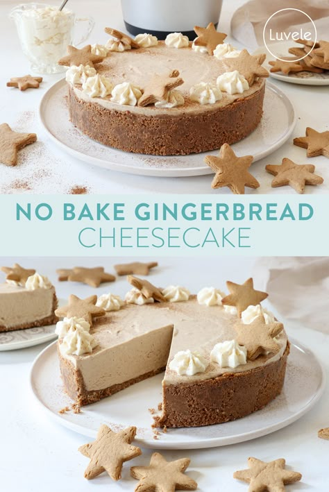 No bake gingerbread cheesecake - Luvele US Gingerbread No Bake Cheesecake, Ginger Snap Crust Cheesecake, No Bake Gingerbread Cheesecake, Christmas No Bake Cheesecake, Christmas Cheesecake Ideas, No Bake Christmas Cheesecake, Luvele Recipes, Gingerbread Crust, Cookie Crumb Crust