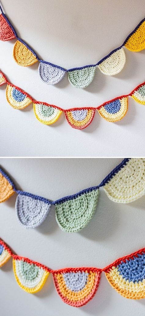 Decorative Crochet Bunting. Crochet bunting can be such incredibly colorful and fun to make! Rupinder kaur was inspired by marigold, that can come in a variety of colors such as orange, red, maroon, yellow, or even mixed! This bunting will make the best decoration for your summer party! #freecrochetpattern #bunting #garland Crochet Bunting Free Pattern, Crochet Bunting Pattern, Bunting Crochet, Knitted Bunting, Bunting Pattern, Decorative Crochet, Home Crochet, Rainbow Bunting, Crochet Bunting