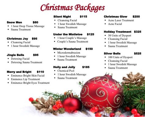 Lots Of Christmas packages 12 Days Of Christmas Spa Specials, Esthetician Christmas, Christmas Spa, Facial Sauna, Christmas Packages, Home Beauty Salon, Spa Specials, Christmas Specials, Ad Ideas