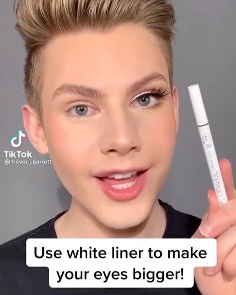 Mackeup tutorials 👄💄 on Instagram: “Use white liner to make your eyes bigger Would you try this?😍 Follow @makeup_tutorialpm Credit @trevor.j.barrett #eyetutorial…” How To Apply White Eyeliner, White Eyeliner To Make Eyes Look Bigger, White Undereye Liner, Best White Eyeliner For Waterline, White Liner Makeup Looks, White Liner Makeup, White Eyeliner Bottom Waterline, Eyeliner For Big Eyes, Eyes Bigger