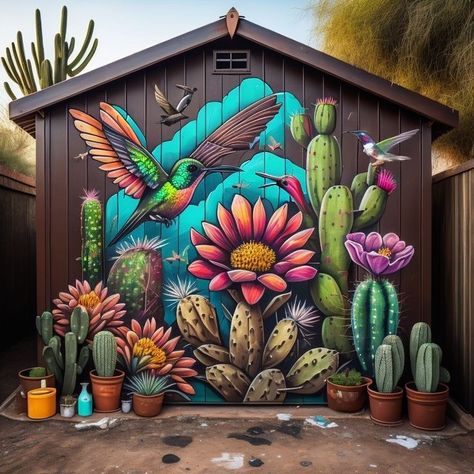 Cactus Mural Outdoor, Wall Murals Painted Outdoor Fence, Mexican Wall Murals Painted, Outdoor Wall Murals Backyards Flower, Kitchen Mural Ideas Paintings, Garden Murals Ideas Wall Art Backyard, Backyard Mural Ideas Garden, Garden Fence Mural, Outdoor Fence Painting Ideas