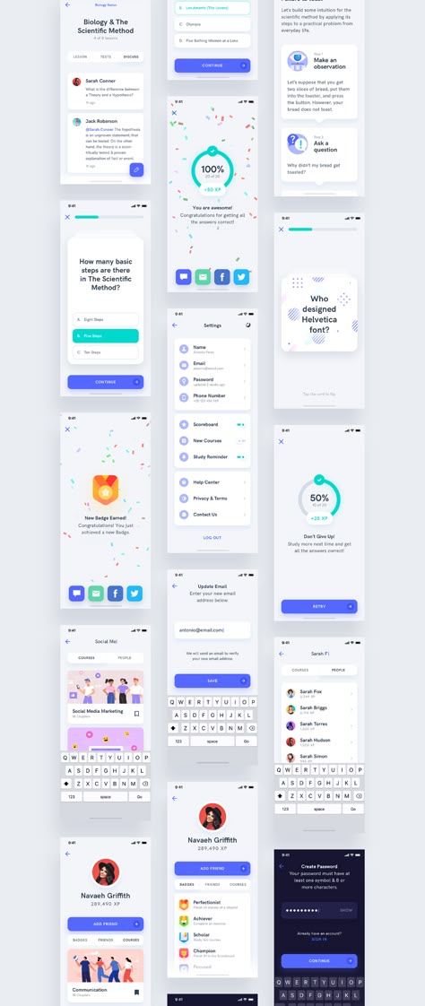 Estudio - Educational Mobile App UI Kit on Behance Quiz App Ui, Flow App, To Do App, Ui App Design, App Ui Ux Design, Ux App Design, App Design Layout, Ui Ux Inspiration, Ui Design Mobile