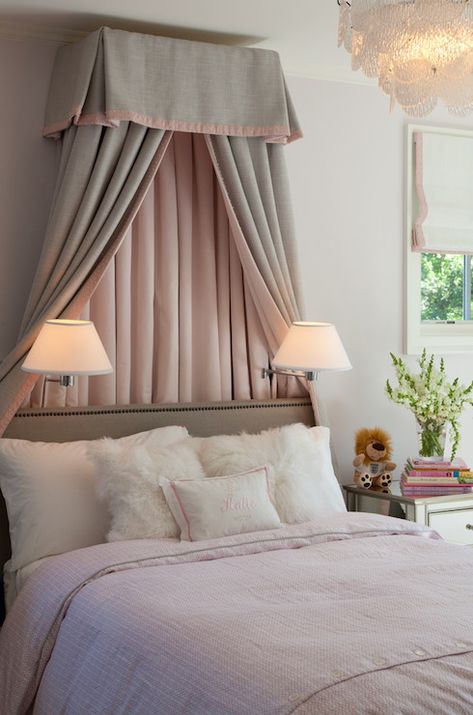 Pink and gray girl's room with pink trimmed, gray valance over a taupe headboard… Bed Valance, Pink Headboard, Canopy Bed Curtains, Girl Bedroom Designs, Bed Canopy, Bed Curtains, Canopy Bed, Design Del Prodotto, Big Girl Rooms