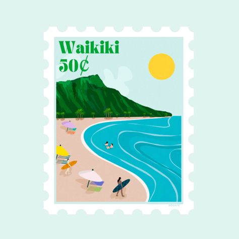 Waikiki Beach Stamp Sticker  ✿ Printed on matte Vinyl paper & laminated for durability ✿ Water resistant, scratch resistant, and easy to clean ✿ Color on screen may vary due to differences in monitors and printing ✿Great for decorating laptop / tablet / phone / planner / water bottle / hydro-flask, etc. ! Island Stickers, Hawaii Stickers, Phone Planner, Smiley Face Tshirt, Positivity Stickers, Yearbook Ideas, Positive Art, Hydroflask Stickers, Waikiki Beach