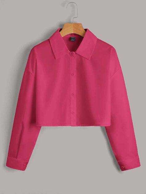 Pink Crop Shirt Outfit, Peach Shirt Outfit, Hot Pink T Shirt, Autumn Shirt Outfit, Pink Shirt Outfit, White Crop Blouse, Jeans Outfit For Work, Hot Pink Shirt, Chemise Rose