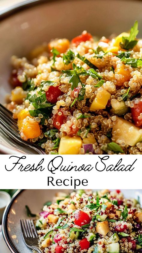 Make meal prepping easy with this Fresh Quinoa Salad, an ideal fall recipe for busy weeks. With its bright vegetables, tangy dressing, and nutty quinoa base, it’s a versatile dish that complements any meal. Enjoy it warm or chilled for a nutritious treat. Simple Quinoa Salad Recipes, Winter Quinoa Salad Recipes, Tri Colored Quinoa Recipes, High Protein Quinoa Salad, Quinoa Recipes Salad, Quinoa Salad With Chicken, Quinoa Salad Recipes Cold, Quinoa Bowl Recipes, Easy Quinoa Recipes