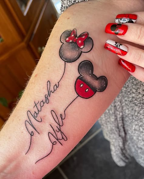 Minnie Mouse Daughter Tattoo, Disney Mum Tattoo, Disney Tattoos For Daughter, Mickey And Mini Mouse Tattoo, Mickey Mouse Wrist Tattoo, Disney Tattoo For Daughter, Tattoos For Moms Of 3, Disney Tattoos For Moms, Disney Daughter Tattoo