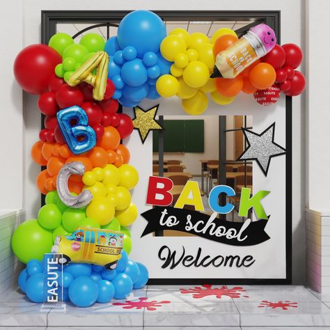 PRICES MAY VARY. Package Include: all the balloons are 175pcs. 3pcs 16inch letter ABC, 1pc 28inch school bus, 1pc 22.83*9.05inch pencil foil balloon,2pcs 18inch,75pcs 10inch,90pcs 5inch,1pc dot glue,1pc balloons chain,1pc ribbon. High Quality: The balloons are made of high-quality and non-toxic natural material, Safe to be Used for Children. Every balloons have been rigorously tested and selected manually, they are sturdy enough to stand long-hour display. Easy To Use: just DIY what you want! We Back To School Balloon Decor, School Balloon Garland, First Day Of School Decoration, Back To School Balloon Garland, Back To School Balloon Arch, Back To School Decoration Ideas, Classroom First Day, Back To School Balloons, School Dance Decorations