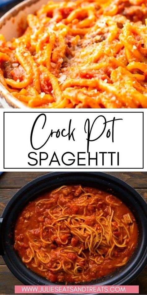 Your favorite family dinner can now be made easily in your slow cooker! This Crock Pot Spaghetti is so easy with tons of flavor. Tender spaghetti noodles, spicy Italian sausage in a creamy spaghetti sauce made with cream cheese. It's our favorite way to enjoy spaghetti. Plus, it's quick and easy for busy nights. Crock Pot Pasta And Meatballs, Fix And Forget Meals Crock Pot, Spaghetti Recipes Crockpot Ground Beef, Easy Crockpot Spaghetti And Meatballs, Crockpot Spaghetti Ground Beef, Pasta Crock Pot Recipes, Crock Pot Ground Beef Recipes, Crock Pot Spaghetti, Ground Beef Crockpot Recipes