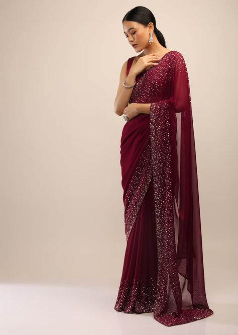 Maroon Saree In Georgette With Kundan Embellished Border Red Sequin Saree, Chiffon Saree Party Wear, Maroon Saree, Party Wear Sarees Online, Pure Georgette Sarees, Saree Wearing Styles, Sequin Saree, Kalki Fashion, Fancy Sarees Party Wear