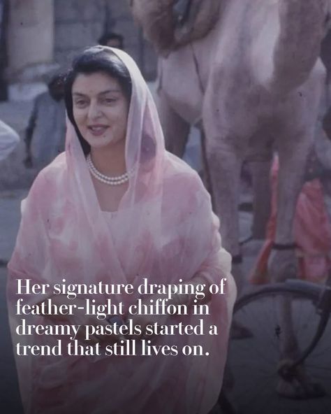 Chiffon has always been a staple in every sari wardrobe. The fabric, whose origin is allegedly debatable, owes its love affair with India to the late Maharani Gayatri Devi, and to an extent, her mother Indira Devi, according to a textile historian and author. At the link in bio, read the full story about the royal influence on the fabric when it caught attention in the early 20th century. #VogueFashion Indian Royal Princess Aesthetic, Gayatri Devi Saree, Princess Gayatri Devi, Maharani Gayatri Devi Style, Princess Ameerah Al Taweel, Indian Princess Royal, Indira Devi, Indian Royalty Aesthetic, Office Sarees