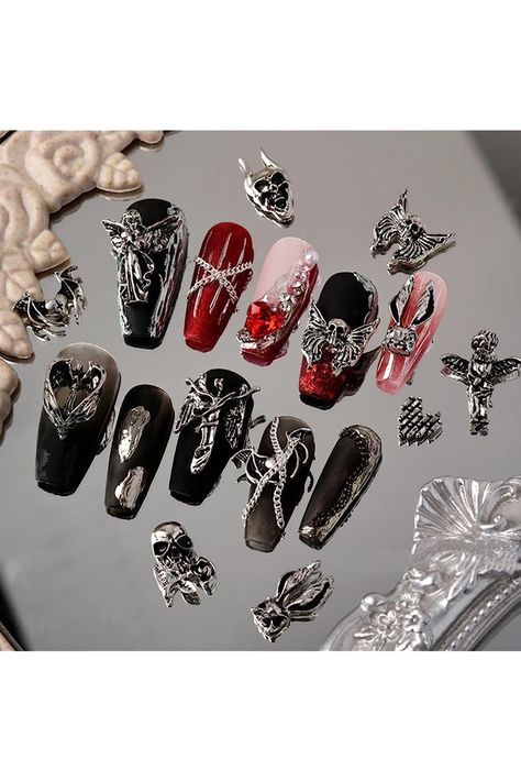 30 PCS 3D Nail Charms Skull Nail Art Charms Antique Silver Love Shape Nail Charm Halloween Metal Vintage Nail Charm Nail Design Jewelry Decor Halloween Nail Glitters for DIY Nail Cellphone Decoration Skull Nail Art, Cross Nails, Skull Nails, Nail Art 3d, Retro Nails, Punk Nails, Vintage Nails, Goth Nails, Shiny Nails