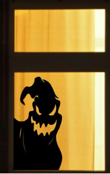 Oogie Boogie Window Silhouette, Halloween Hedge Decor, Ghost Silhouette Window, Halloween Window Cutouts, Oogie Boogie Decor, Ghost Window Painting, Halloween Decoration Inspiration, Halloween Window Silhouettes Diy, Halloween Window Painting Ideas