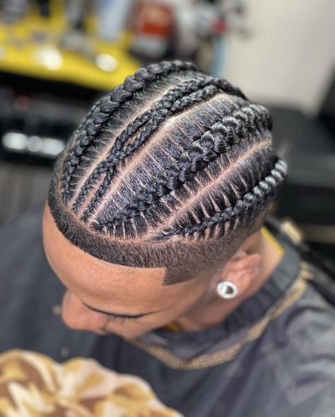 Men Braids Hairstyles Full Head Short, Cornrows With Line Up Men, Men’s Cornrows Designs, Cornrow With Fade, Black Hairstyles Men Braids, Design Cornrows Braids Men, Braided Hairstyles For Men Cornrows, Drop Fade Cornrows, Cool Braids For Men