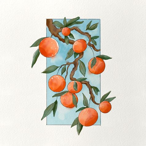 This is a digital illustration that depicts a branch of an orange tree with a few twigs leading to plump oranges and dark green leaves behind a muted blue sky. The colors are set to portray a summer afternoon but the coolness of the color emulate the shade you’d expect to find under this tree. Watercolour Orange Tree, Orange Tree Branch Drawing, Orange Branch Illustration, Orange Branch Painting, Grapefruit Tree Tattoo, Orange Branch Drawing, Fruit Tree Sketch, Apricot Tree Tattoo, Tattoo Of An Orange