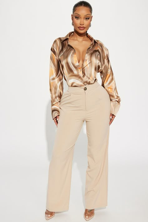 Available In Brown/combo. Satin Shirt Long Sleeve Button Down Collar Printed Non Stretch Self: 100% Polyester Imported | Sycamore Satin Shirt in Brown size 2X by Fashion Nova Cute Professional Outfits, Take Chances, Business Attire Women, Corporate Baddie, Nova Fashion, Colorful Blouses, Stylish Work Attire, Work Fits, Khaki Fashion