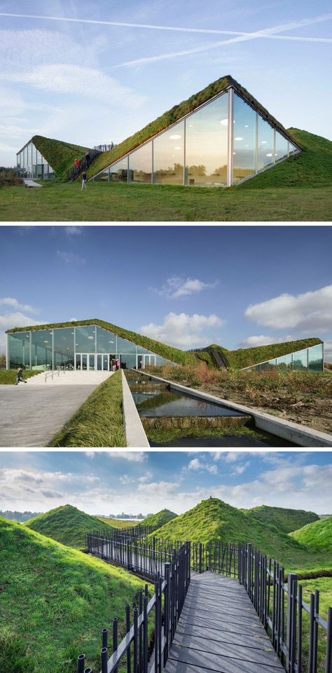 The Biesbosch Museum in Werkendam, The Netherlands, is covered in grass and features a walkway on the roof that's surrounded by small grassy mounds and leads to a look out at one end. Modern Eco Friendly Home, Futurist Architecture, Zaha Hadid Architects, Brick Facade, Stavanger, Museum Of Contemporary Art, Green Roof, Modern Buildings, Landscape Architect