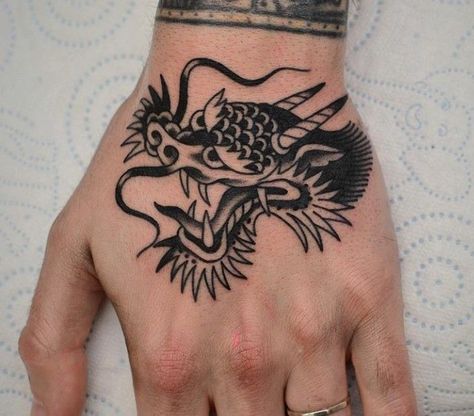 Traditional Tattoo Dragon, Small Traditional Tattoo, Traditional Tattoo Man, Traditional Hand Tattoo, Dragon Head Tattoo, Traditional Black Tattoo, Dragons Tattoo, Small Dragon Tattoos, Dragon Tattoo For Women