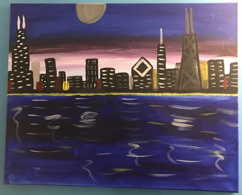 Chicago Skyline Painting, Chicago Painting, City Of Chicago, Skyline Painting, Painting Easy, Chicago Skyline, Paint And Sip, Clothing Brand, Canvas Painting