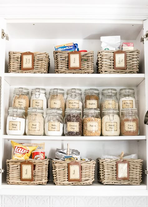 Pantry Cabinet Organization and Free Printable Label Set | blesserhouse.com - A cabinet gets a drastic organization makeover using inexpensive IKEA jars / baskets, hanging storage, and a free pantry label printable set. #organization Pantry Cabinet Organization, Ikea Jars, Ikea Hemnes Cabinet, Pantry Labels Printable, Free Pantry Labels, Ikea Pantry, Cabinet Trim, Pantry Organisation, Organized Pantry