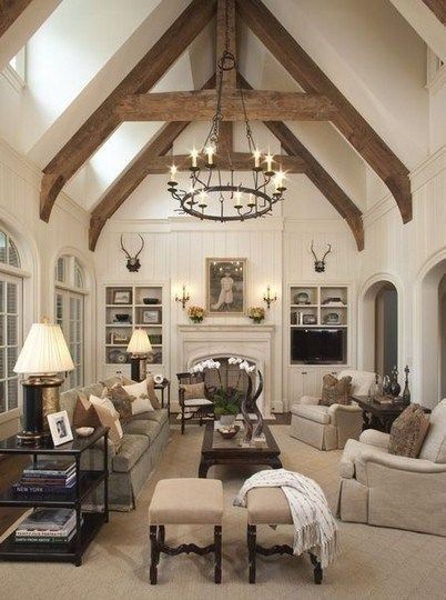 26 Beautiful Vaulted Ceiling Living Rooms | Decor Home Ideas Interesting Living Room, Farmhouse Living Room Lighting, Boho Apartment, Vaulted Ceiling Living Room, Living Room Decor Country, French Country Living Room, Bed House, Trendy Living Rooms, Country Living Room