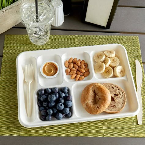 If you're looking for the convenience of disposable products without the environmental impact of plastic or foam, look no further than the EcoChoice 8 1/2" x 12 1/2" compostable sugarcane / bagasse 6 compartment long tray! Perfect for both hot and cold foods, this tray is ideal for use in cafes, cafeterias, restaurants, caterers, and sandwich shops. With a bright white finish, this container will fit almost any restaurant's decor and theme and creates a clean and fresh canvas for any type of foo Lunch Tray, Healthy Lunch Snacks, Healthy Food Habits, Cold Foods, Easy Healthy Lunches, Party Food Platters, Sandwich Shops, Food Tray, Lunch Recipes Healthy