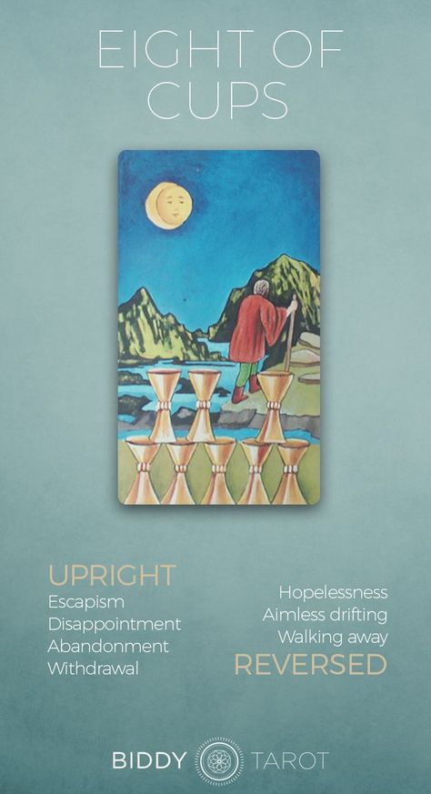 Eight of Cups Meaning - Get the detailed description at biddytarot.com. . eight of cups tarot, tarot meaning eight of cups, eight of cups upright, eight of cups reversed, eight cups tarot card meaning, eight of cups tarot card meaing Eight Of Cups Tarot Meaning, Eight Of Cups Tarot, Tarot Reference, 8 Of Cups, Cups Tarot Meaning, Tarot Cups, Eight Of Cups, Oshun Goddess, Read Tarot