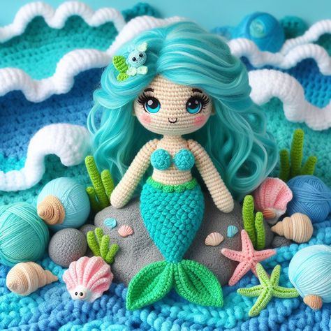 Crochet Mermaid Decor, Easy Crochet Mermaid, Simple Crochet Mermaid, Little Mermaid Crochet, Mermaid Amigurumi, Crochet Mermaid Doll, Crocheted Mermaid, Amigurumi Baba, Crochet Characters