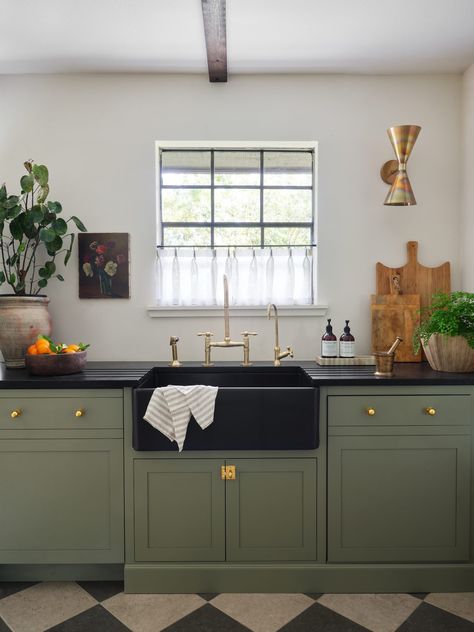 An Alice Inspired Tudor Kitchen - The Interior Collective Stoffer Home Kitchen, Tudor Style Kitchen, Century Home Kitchen, White And Green Kitchen, Black Farmhouse Sink, 1920s Kitchen, Tudor Kitchen, Dreamy Kitchens, Kitchen Revamp