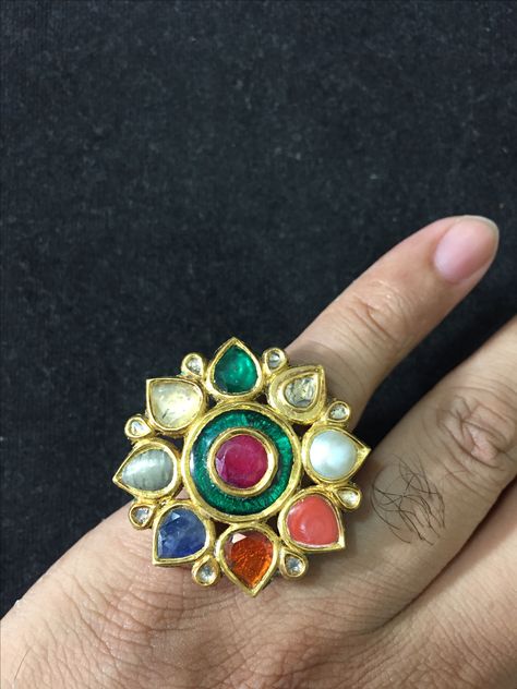 Nav Ratan ring Navratan Rings For Women, Gold Ring Designs, India Jewelry, Durga Goddess, Bridal Fashion, Rings For Women, Bridal Style, Ring Designs, Turquoise Ring