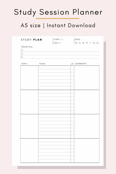 Maximize your productivity and efficiency when studying with this single page printable study planner. Organize your study session according topics or subjects, actionable tasks and keep track of the progress you've made. You can break down a topic into smaller task items to keep yourself motivated. Test Planner, Topics To Study, Study Session Planner, Subject Planner, Study Sessions Planner, Study Planner Printable Free, Study Planner Free, Study Tracker, Study Printables