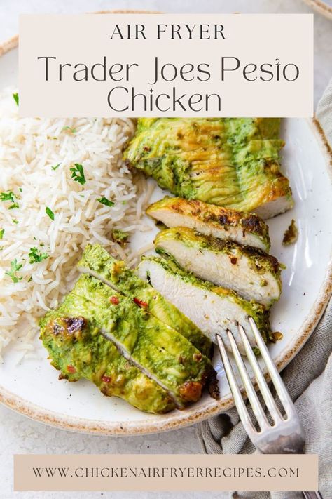 chicken and rice on a bowl fork on the plate. gray towel next to it Pesto Chicken Recipes, Trader Joes Recipes Dinner, Pesto Chicken Recipe, Chicken In The Air Fryer, Pesto Chicken Breast, Yummy Lunch Recipes, Kale Pesto Recipe, Air Fryer Recipes Snacks, Chicken Pesto Recipes