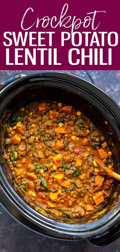 Slow Cooker Sweet Potato Lentil Chili | The Girl on Bloor Meat Free Slow Cooker Recipes, Sweet Potato And Lentil Chili, Slow Cook Lentil Recipes, Sweet Potato Lentil Soup Crockpot, Sweet Potato Stew Crockpot Vegetarian, Slow Cooker Vegetarian Chilli, Pumpkin Lentil Chili, Slow Cooker Recipes Lentils, Crockpot Recipes Lentils