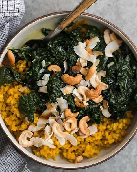 21 Winning Turmeric Recipes | Eat This Not That Coconut Kale, Turmeric Rice, Salad Kale, Turmeric Recipes, Vegan Eating, Vegan Dinners, Vegetarian Dishes, A Bowl, Veggie Recipes