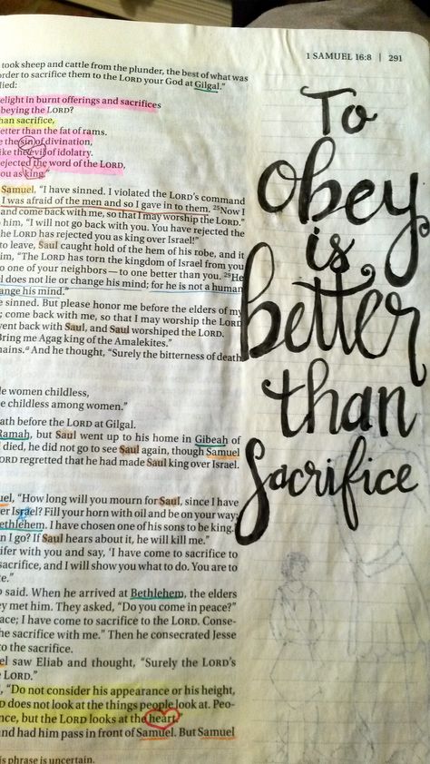 Bible Journaling 1 Samuel 15:22 To obey is better than sacrifice. 1 Samuel Bible Journaling, 1 Samuel 13, 1st Samuel, Samuel Bible, Prayer Bible Verses, Bible Journaling Notes, 1 Samuel 15, Bible Journaling Pages, Gift Making Ideas