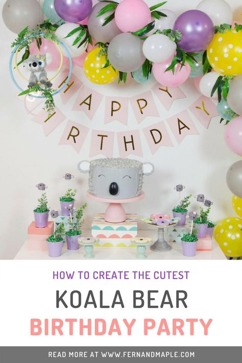 Looking for a super sweet and fun kids birthday party theme idea? This Koala Bear Birthday Party theme is the cutest! Get all of the details on the pretty pastel decor and easy affordable DIY projects now at fernandmaple.com! Izzy's Koala World Party, Koala Themed Birthday Party, Koala Birthday Party Ideas, Koala Party Decorations, Koala Birthday Party, Koala Party, Koala Birthday, Pink Cake Stand, Cute Koala Bear