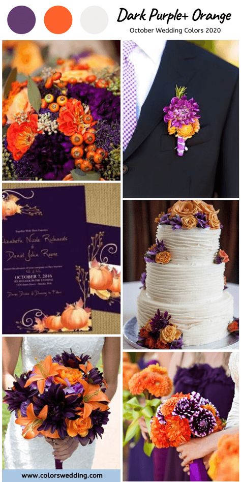 Purple Orange Burgundy Wedding, Deep Purple And Burnt Orange Wedding, Dark Purple Burnt Orange Wedding, Purple October Wedding, Dark Purple And Orange Wedding, Wedding Color Palette October, Purple And Orange Wedding Ideas, Purple And Burnt Orange Wedding, Burnt Orange And Purple Wedding