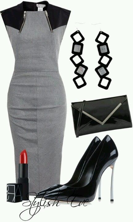 Minus those earrings... Business Professional Outfits, Stylish Eve, Neckline Dress, Grey Outfit, Black Clutch, Professional Attire, Grey Dress, Looks Chic, Professional Outfits