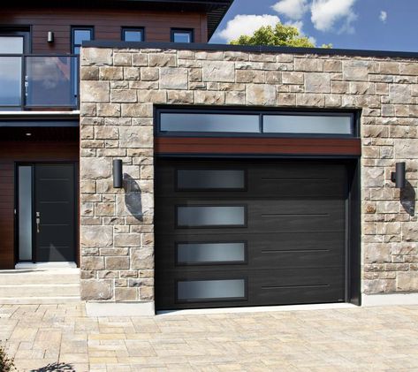 Garaga Vog garage door in Black with Left-side Harmony with Sandblasted glasses match with this entry door Window Layout, Cheap Garage Doors, Black Garage Doors, Contemporary Garage Doors, Contemporary Garage, Black Garage, Garage Door Windows, Sectional Garage Doors, Modern Garage Doors