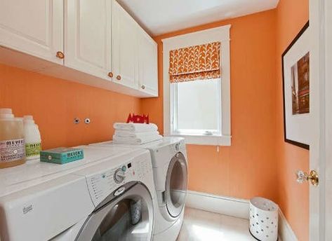 Coral Laundry Room, Orange Laundry Room, Laundry Room Paint Color, Laundry Room Paint, Laundry Room Colors, Most Popular Paint Colors, Orange Rooms, Laundry Space, Basement Laundry