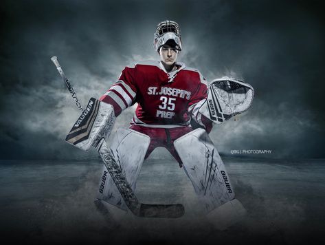 Ice hockey portrait Ice Hockey Senior Pictures, Goalie Photoshoot, Hockey Goalie Aesthetic, Hockey Photoshoot, Hockey Senior Pictures, Hockey Photography, Travel Softball, Hockey Photos, Sports Portraits