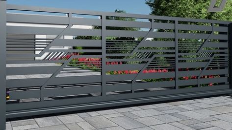 Morden Gate Designs, House Front Gate Sliding, Gate Sliding Design, Sliding Metal Gate Design, Modern Fences, Sliding Gate Design, House Front Gate, Pintu Ganda, Gate Design Modern