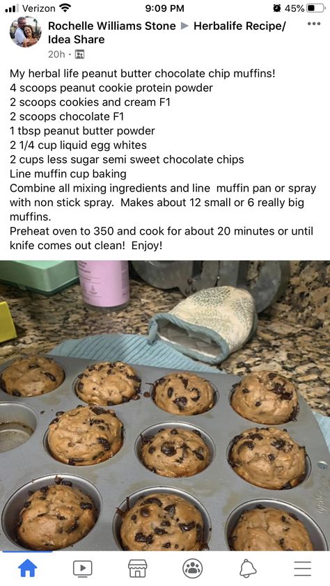 Peanut Butter Chocolate Chip Muffins, Herbalife Flavors, Herbalife Meal Plan, Herbalife Diet, Herbalife Protein, Herbalife Nutrition Club, Herbalife Shake Recipes, Protein Baking, Healthy Sweet Snacks